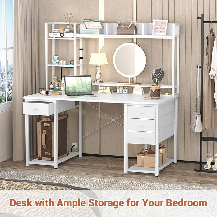 47.2'' Gaming Desk with Hutch, LED & Outlets | Reversible Office Desk with Drawers