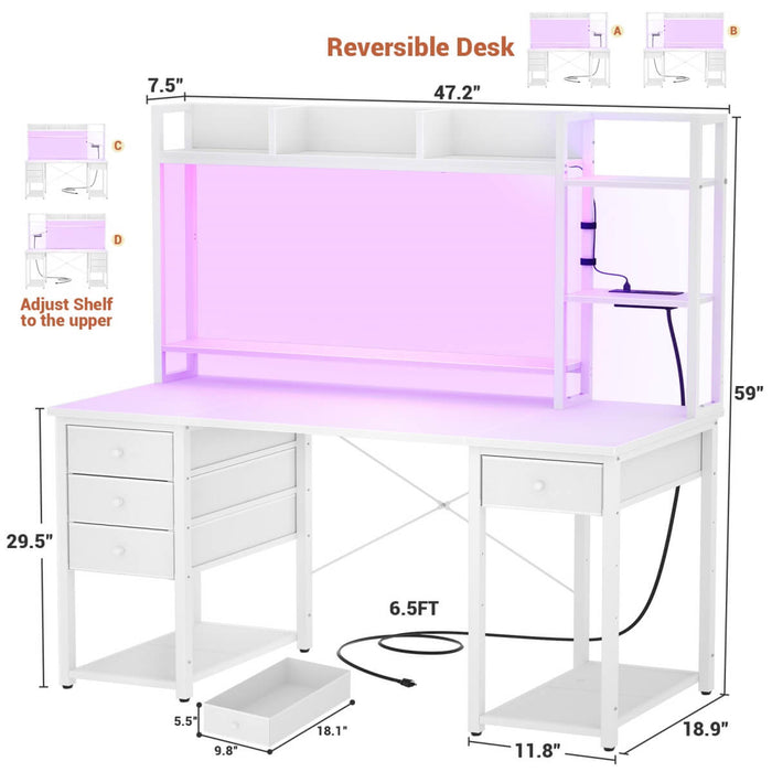 47.2'' Gaming Desk with Hutch, LED & Outlets | Reversible Office Desk with Drawers