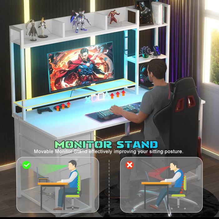 47.2'' Gaming Desk with Hutch, LED & Outlets | Reversible Office Desk with Drawers