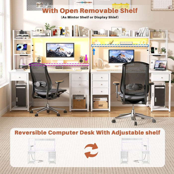 47.2'' Gaming Desk with Hutch, LED & Outlets | Reversible Office Desk with Drawers