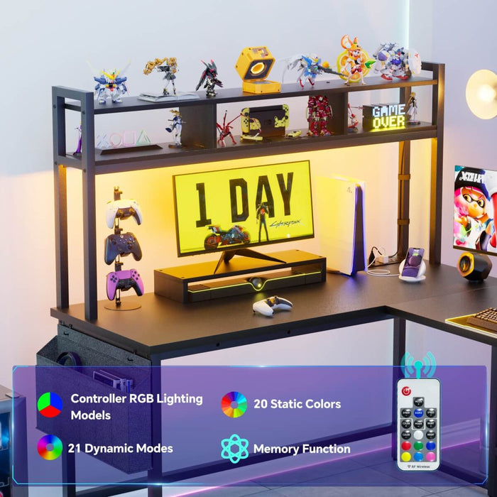 L Shaped Desk with Hutch, Outlets & LED Light, Reversible