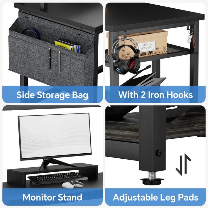L Shaped Desk with Hutch, Outlets & LED Light, Reversible