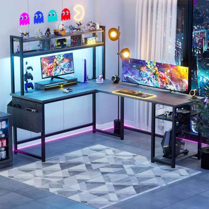 L Shaped Desk with Hutch, Outlets & LED Light, Reversible