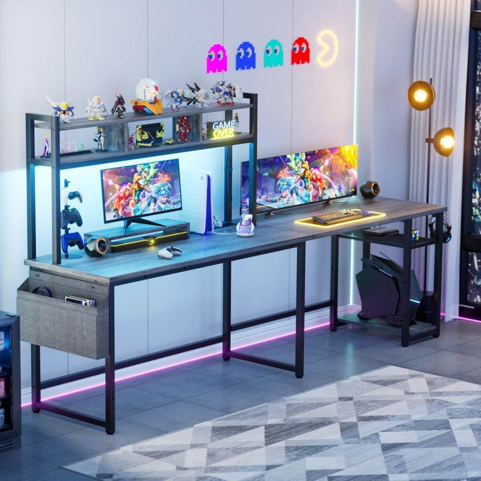 L Shaped Desk with Hutch, Outlets & LED Light, Reversible