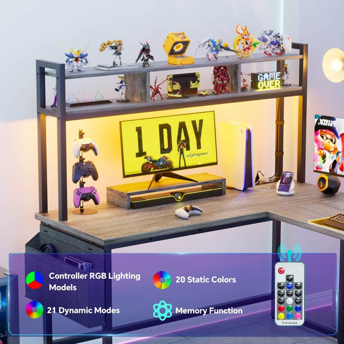 L Shaped Desk with Hutch, Outlets & LED Light, Reversible