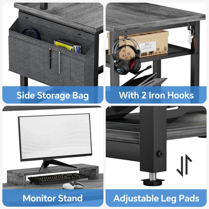 L Shaped Desk with Hutch, Outlets & LED Light, Reversible