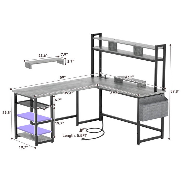 L Shaped Desk with Hutch, Outlets & LED Light, Reversible