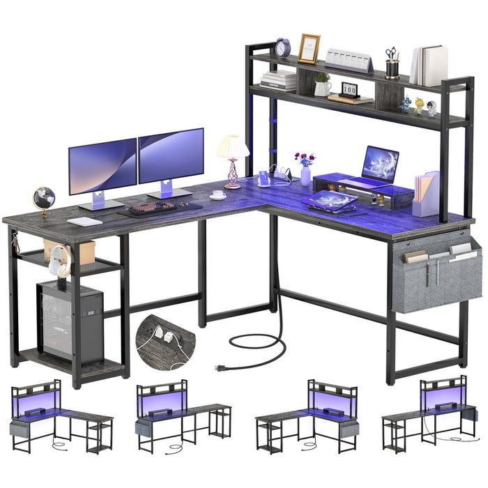 L Shaped Desk with Hutch, Outlets & LED Light, Reversible