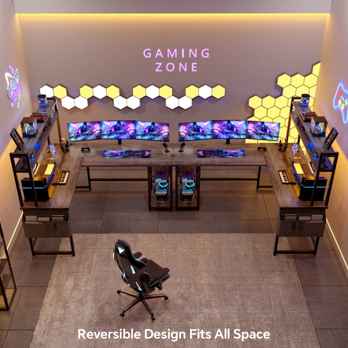 L Shaped Desk with Hutch, Outlets & LED Light, Reversible