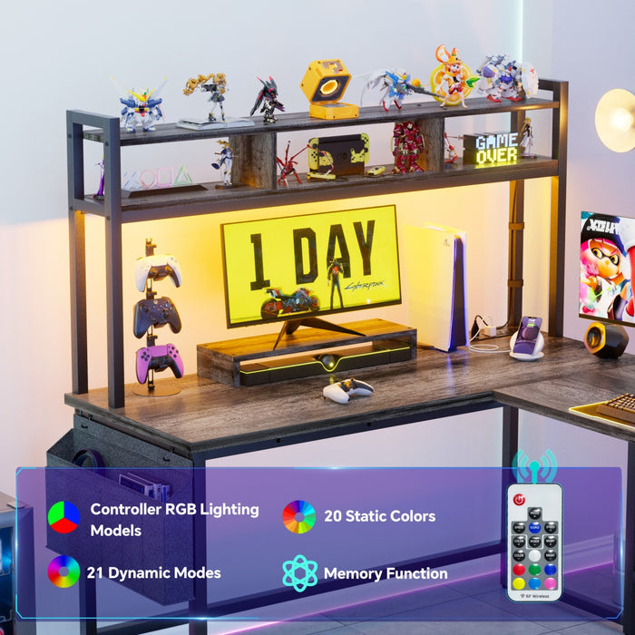 L Shaped Desk with Hutch, Outlets & LED Light, Reversible