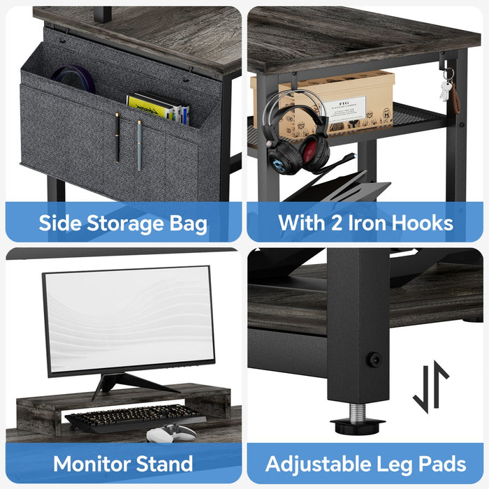 L Shaped Desk with Hutch, Outlets & LED Light, Reversible
