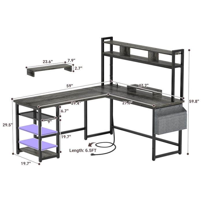 L Shaped Desk with Hutch, Outlets & LED Light, Reversible