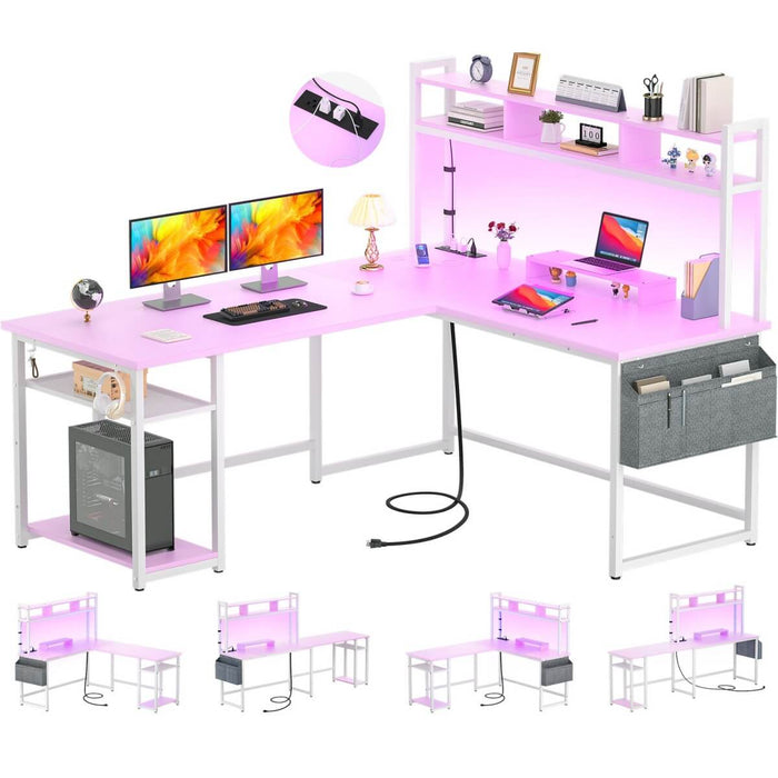L Shaped Desk with Hutch, Outlets & LED Light, Reversible