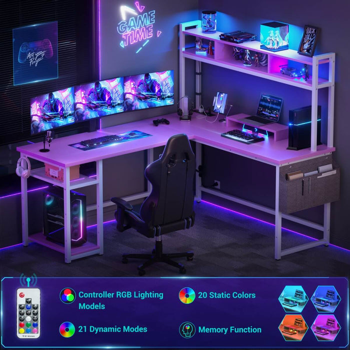 L Shaped Desk with Hutch, Outlets & LED Light, Reversible