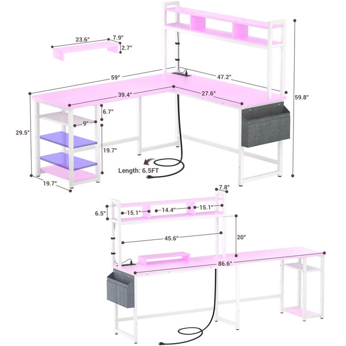 L Shaped Desk with Hutch, Outlets & LED Light, Reversible