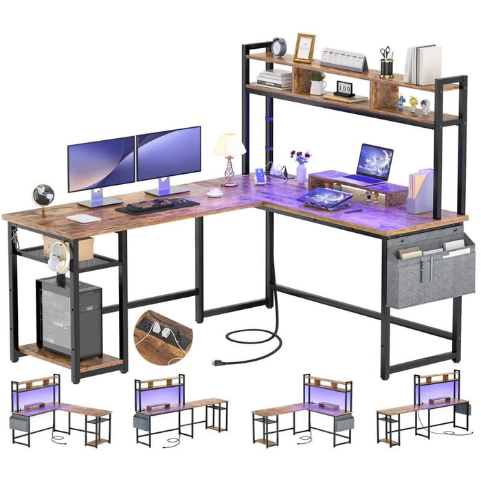L Shaped Desk with Hutch, Outlets & LED Light, Reversible