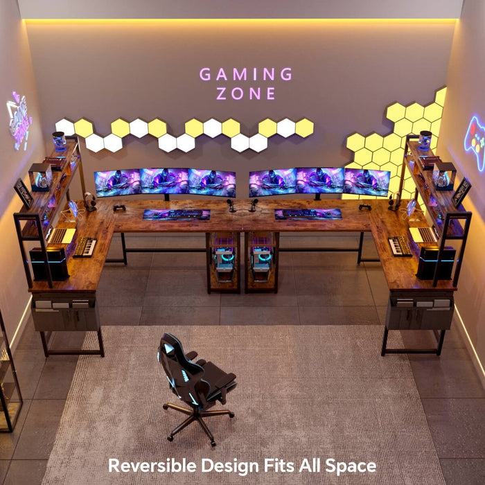 L Shaped Desk with Hutch, Outlets & LED Light, Reversible