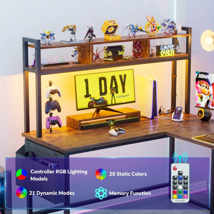 L Shaped Desk with Hutch, Outlets & LED Light, Reversible