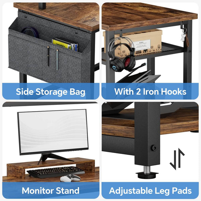 L Shaped Desk with Hutch, Outlets & LED Light, Reversible