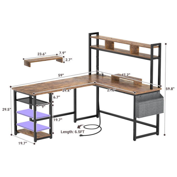 L Shaped Desk with Hutch, Outlets & LED Light, Reversible