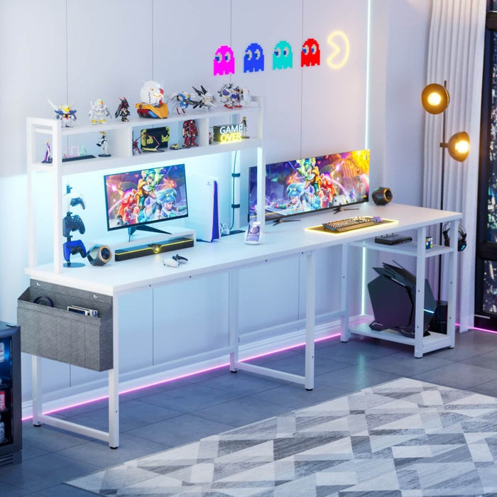 L Shaped Desk with Hutch, Outlets & LED Light, Reversible