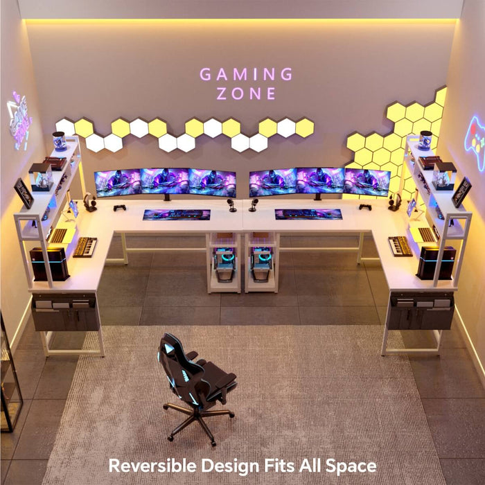 L Shaped Desk with Hutch, Outlets & LED Light, Reversible