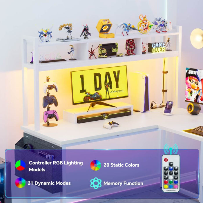 L Shaped Desk with Hutch, Outlets & LED Light, Reversible