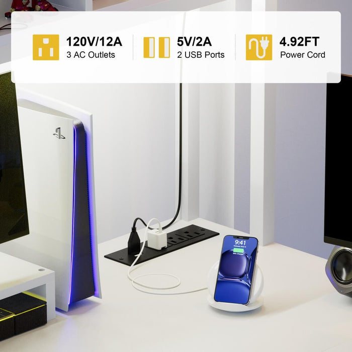 L Shaped Desk with Hutch, Outlets & LED Light, Reversible