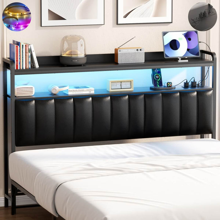 Black Headboard with Upholstered, Power Outlets, and LED Light