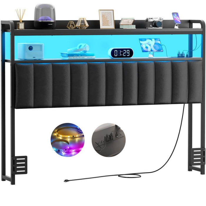 Black Headboard with Upholstered, Power Outlets, and LED Light