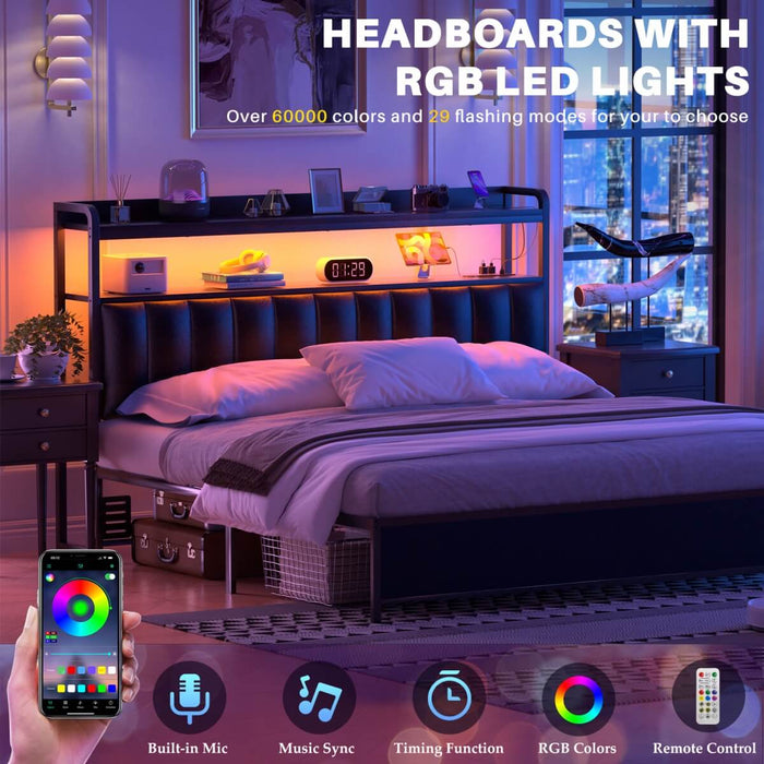 Black Headboard with Upholstered, Power Outlets, and LED Light