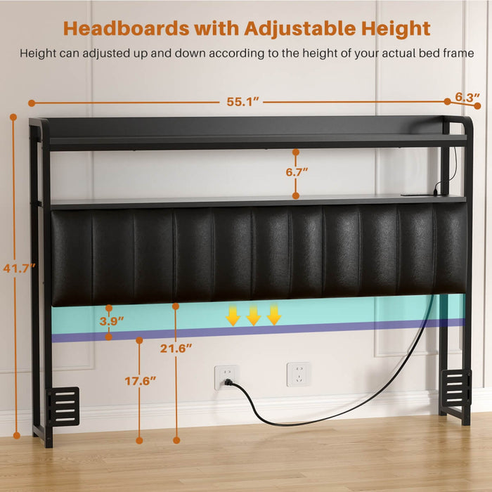 Black Headboard with Upholstered, Power Outlets, and LED Light