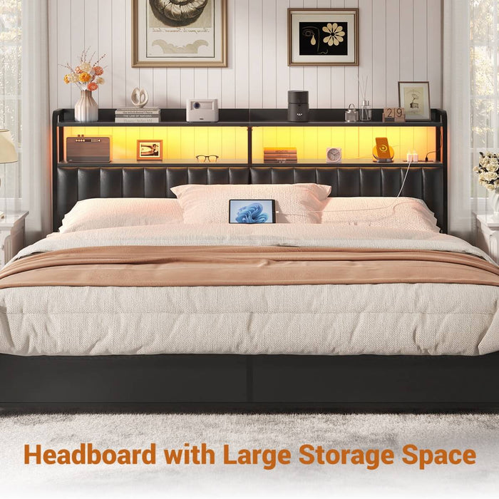 Black Headboard with Upholstered, Power Outlets, and LED Light