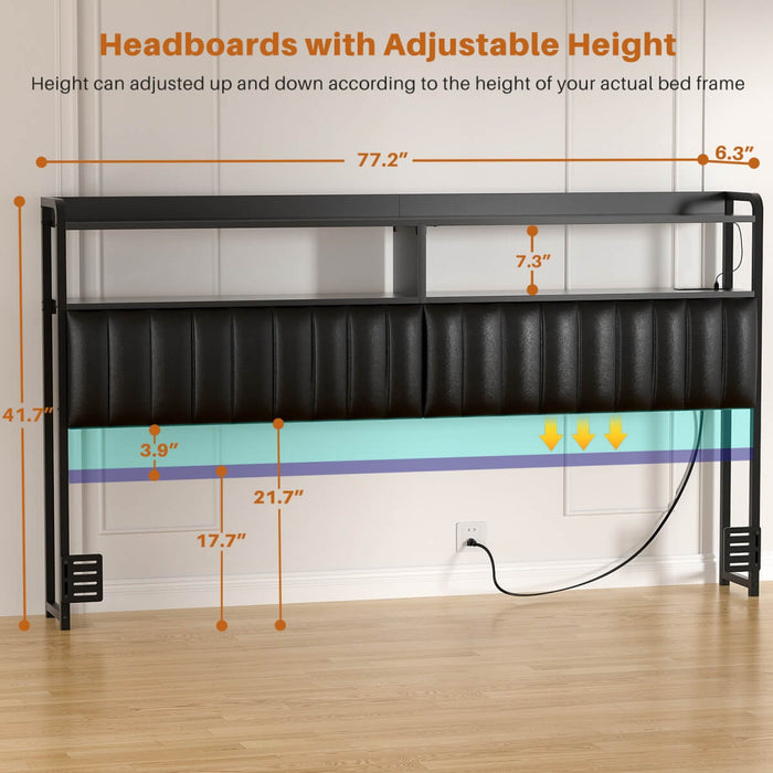 Black Headboard with Upholstered, Power Outlets, and LED Light
