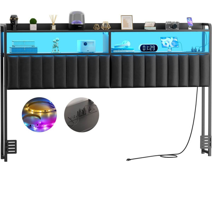 Black Headboard with Upholstered, Power Outlets, and LED Light