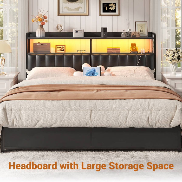 Black Headboard with Upholstered, Power Outlets, and LED Light