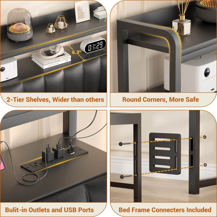 Black Headboard with Upholstered, Power Outlets, and LED Light
