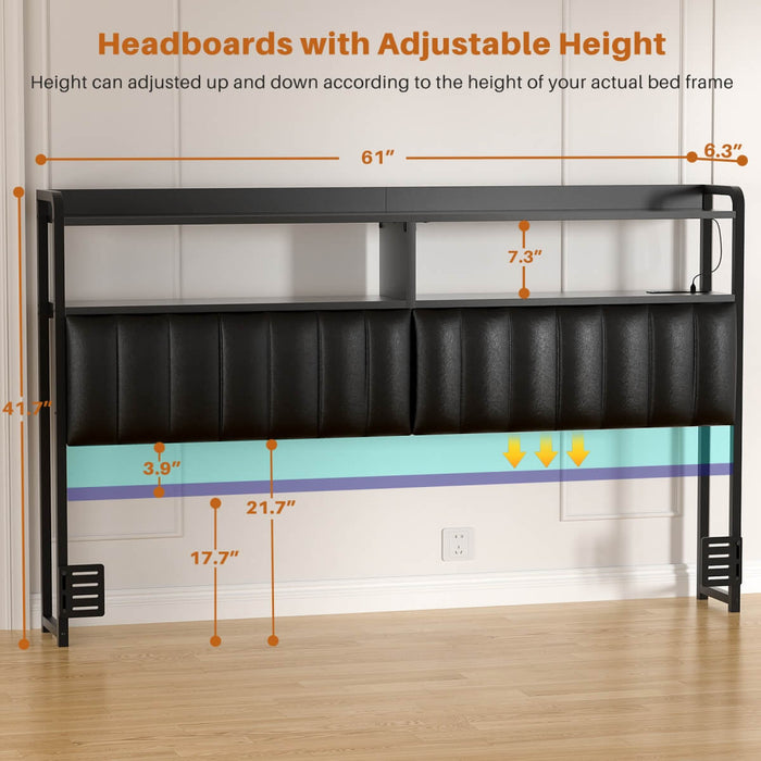 Black Headboard with Upholstered, Power Outlets, and LED Light