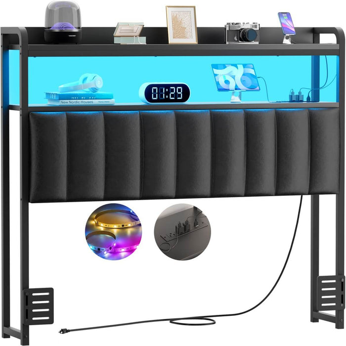 Black Headboard with Upholstered, Power Outlets, and LED Light