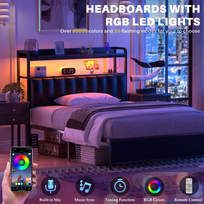 Black Headboard with Upholstered, Power Outlets, and LED Light