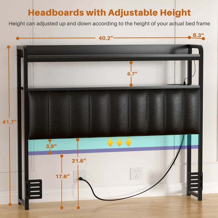 Black Headboard with Upholstered, Power Outlets, and LED Light