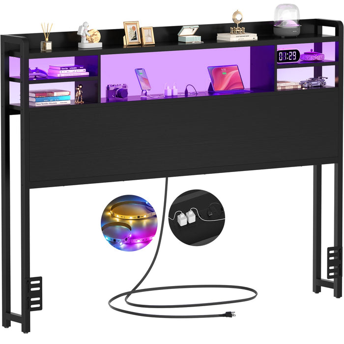 Full Size Bookcase Headboard with Storage, Power Outlets & RGB LED Lights
