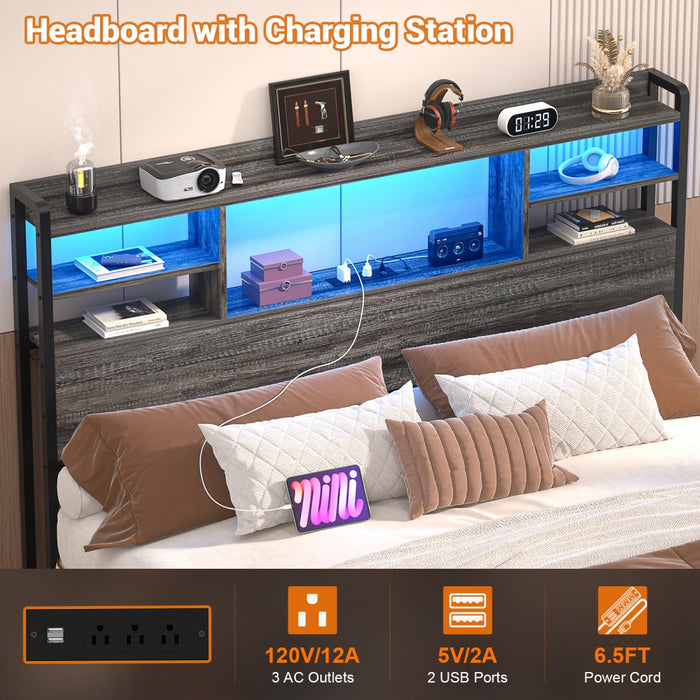 Full Size Bookcase Headboard with Storage, Power Outlets & RGB LED Lights