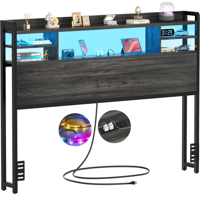 Full Size Bookcase Headboard with Storage, Power Outlets & RGB LED Lights
