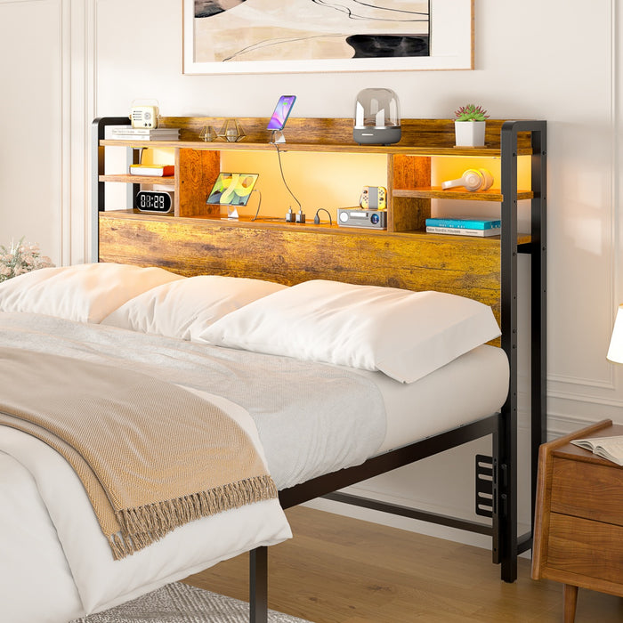 Full Size Bookcase Headboard with Storage, Power Outlets & RGB LED Lights