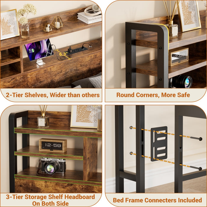 Full Size Bookcase Headboard with Storage, Power Outlets & RGB LED Lights