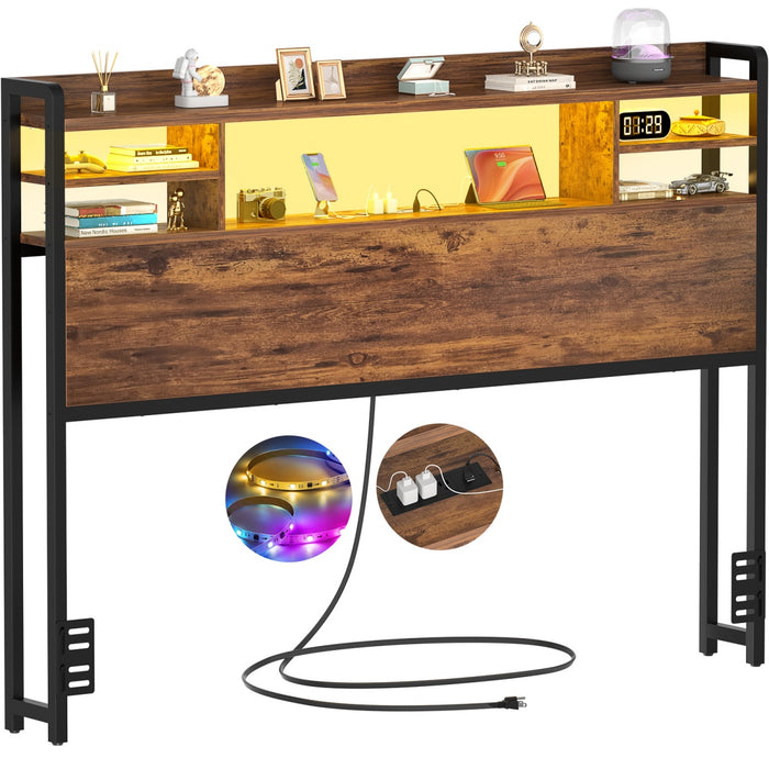 Full Size Bookcase Headboard with Storage, Power Outlets & RGB LED Lights