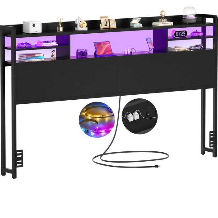 King Size Bookcase Headboard with Storage, Power Outlets & RGB LED Lights