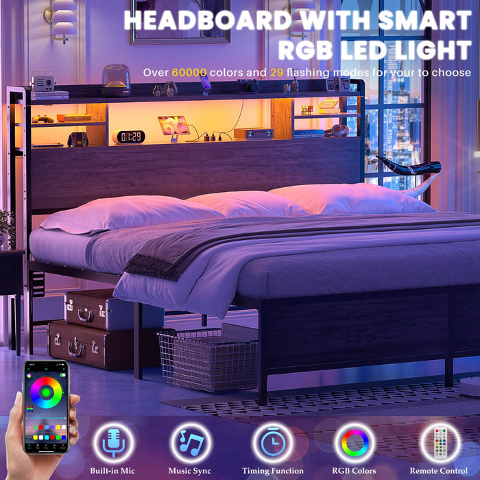 King Size Bookcase Headboard with Storage, Power Outlets & RGB LED Lights