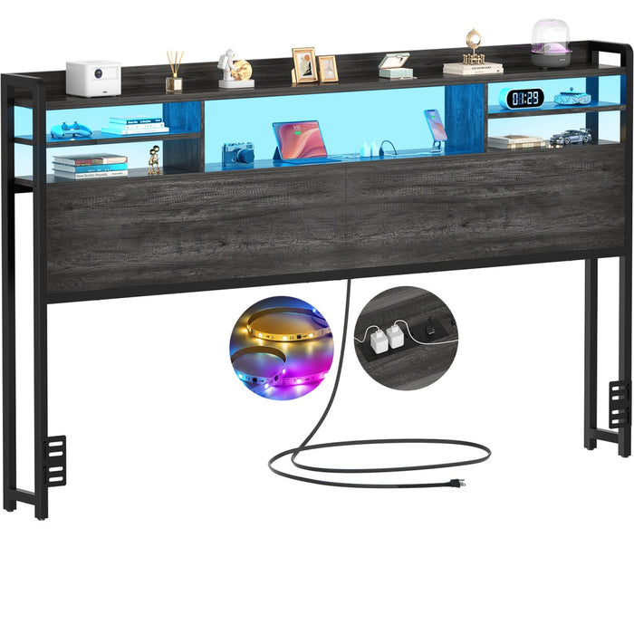 King Size Bookcase Headboard with Storage, Power Outlets & RGB LED Lights